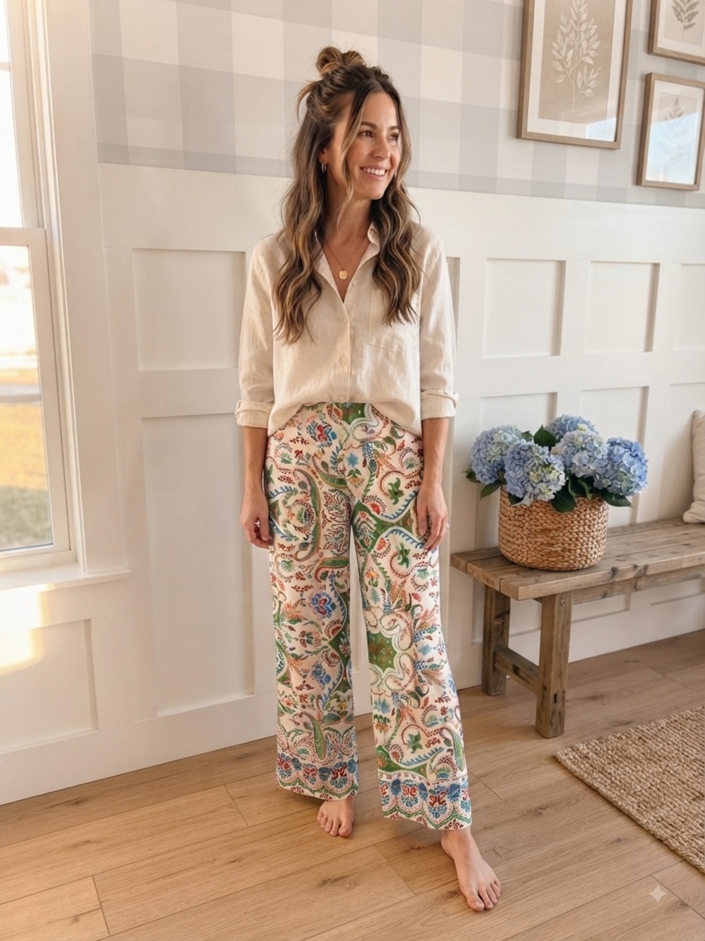 Rachel Zoe Cream Wide-Leg Paisley Pants with Green & Blue Accents